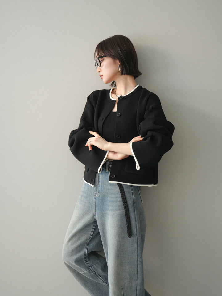 [SET]ポリエステル配色ニットカーディガン+裏起毛カットオフカーブデニムパンツ(2set)