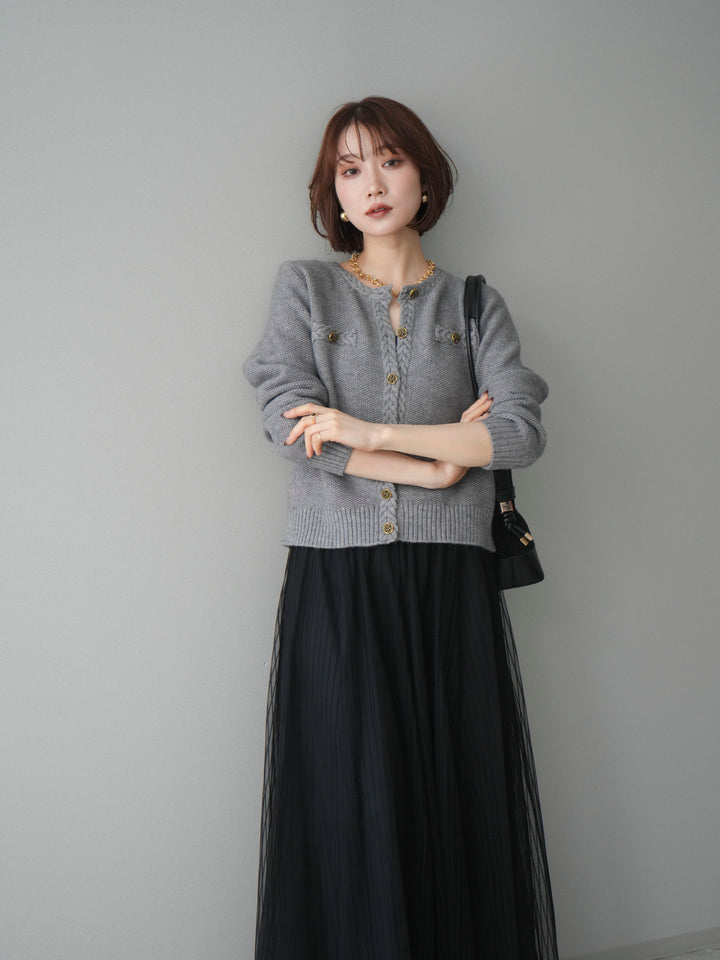 [SET]編みこみアンティークボタンニットカーディガン+チュールストライプボリュームスカート(2set)