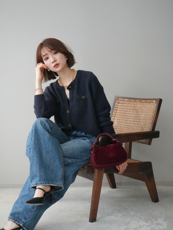[予約]編みこみアンティークボタンニットカーディガン/navy