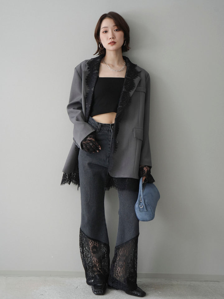 [予約]レース切替フレアデニムパンツ/black