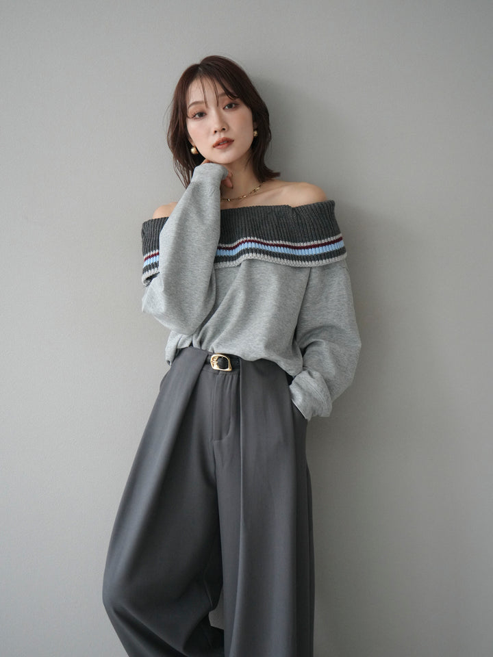 [予約]ボーダーニットオフショルダーxスウェットプルオーバー/gray