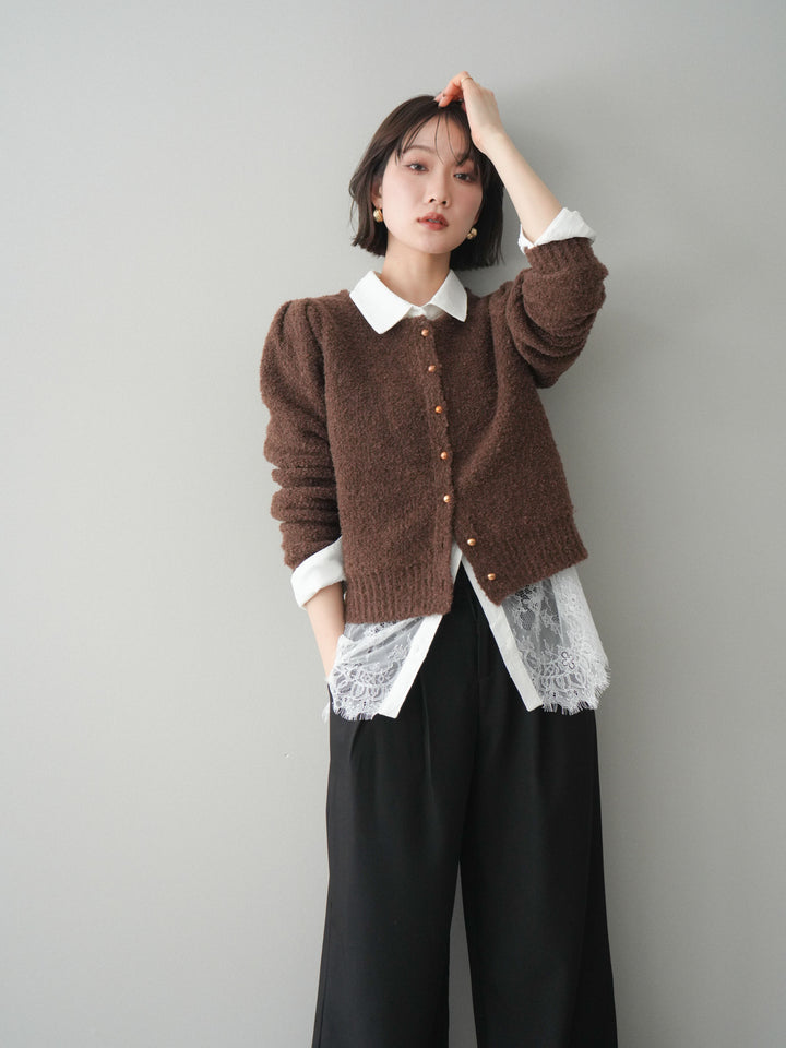 [SET]ゴールドボタンブークレニットカーディガン+総レースボリュームスリーブシャツ(2set)