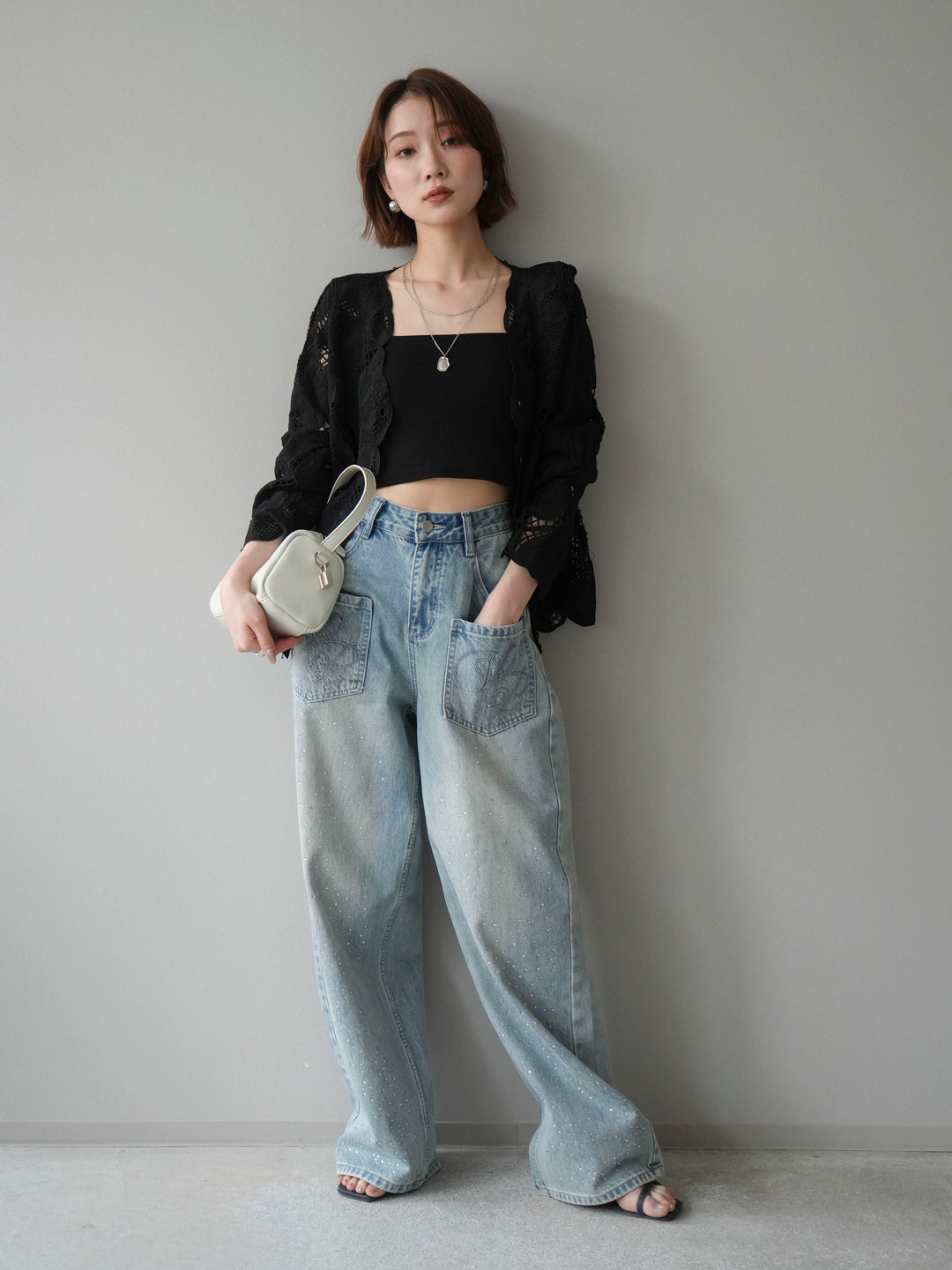 【套裝】3D蕾絲荷葉邊上衣+前口袋串珠闊腿牛仔褲（兩件套）