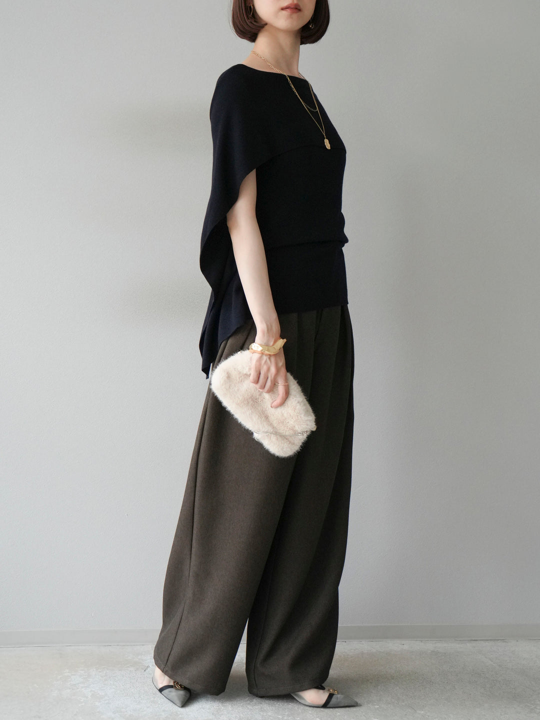 [予約]レザーパイピングタックワイドパンツ/ブラウン