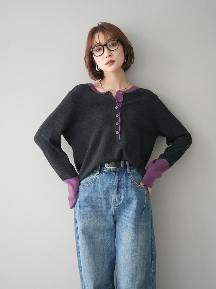 [SET]ヘンリーネック配色ニットソー+ヘンリーネック配色ニットソー(2set)