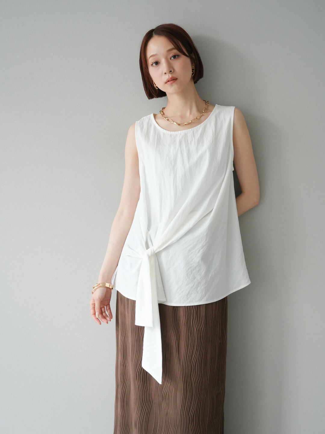 [予約]フロント巻きノースリーブブラウス/ホワイト