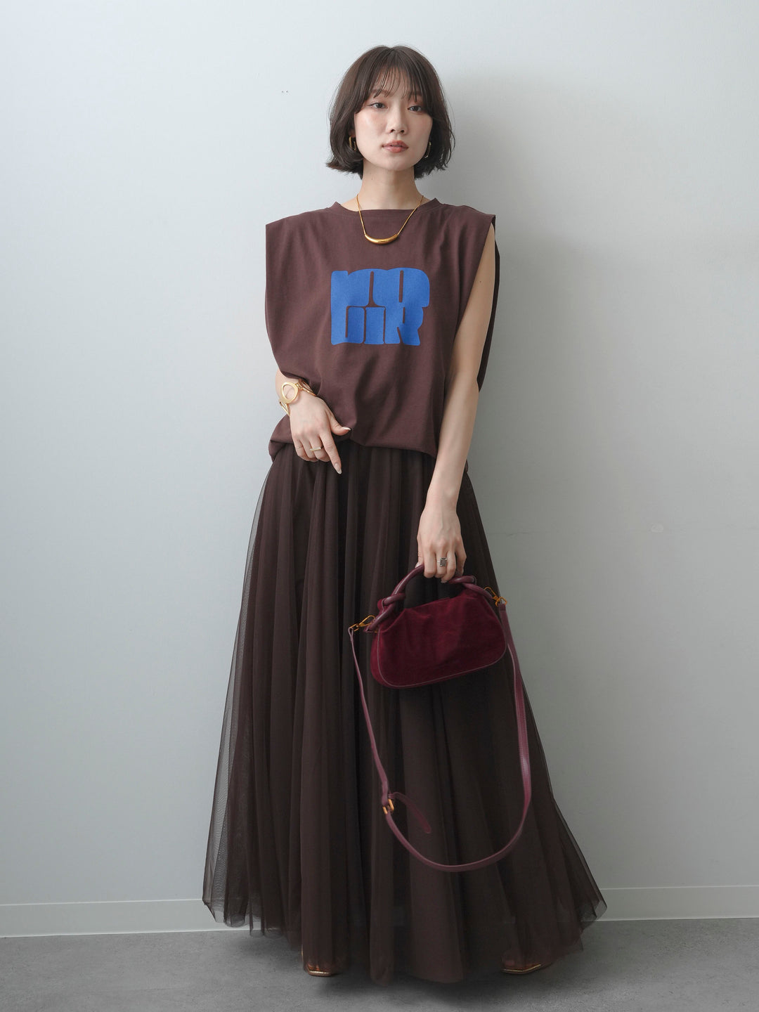 [予約]ショルダータックノースリーブオーバーTEE/brown