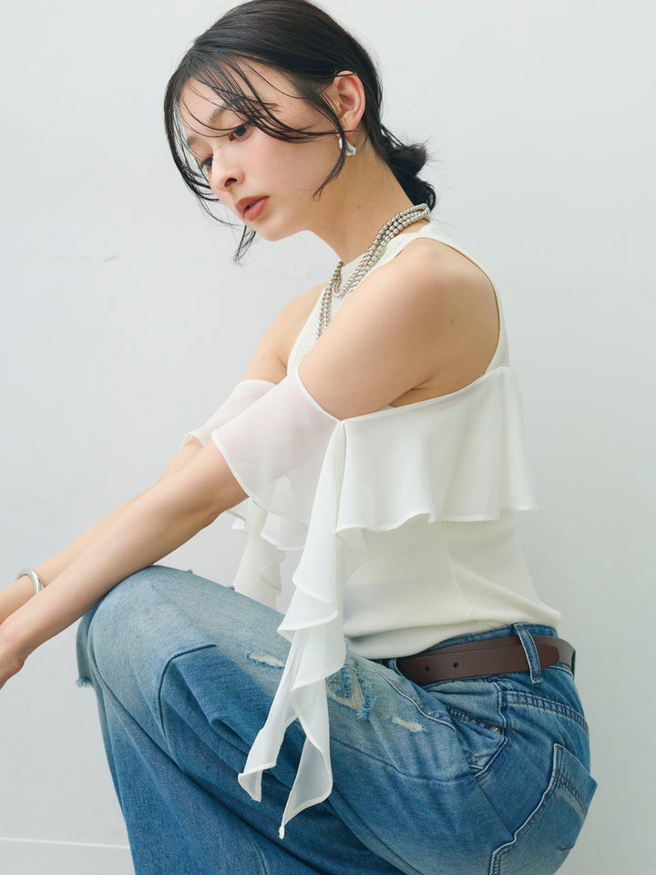 [予約]シフォンフリルドッキングノースリニットトップス/ivory