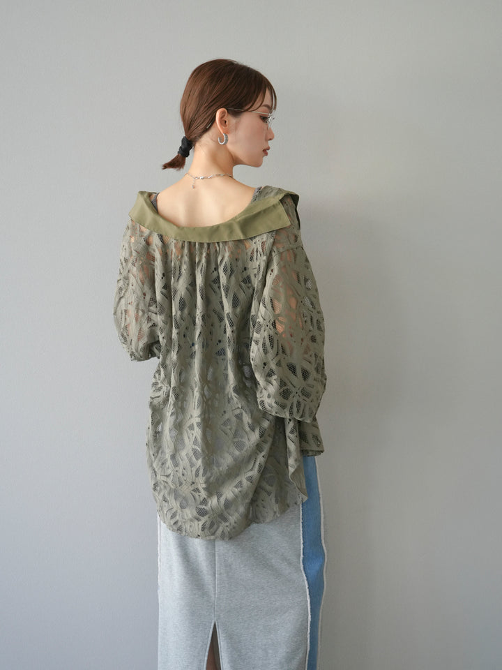 [SET]コードレースオーバーシャツ+デニムドッキングスウェットスカート(2set)