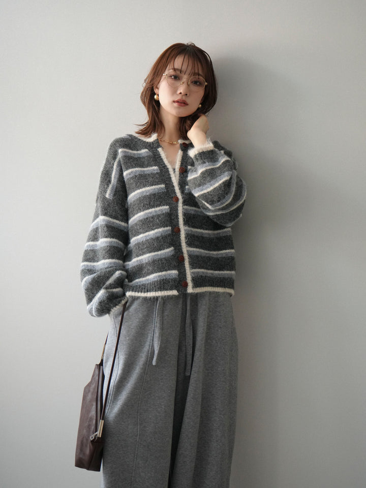 [SET]ウールタッチ配色ボーダーニットカーディガン+ウエストベルトカーブラインスエットパンツ(2set)