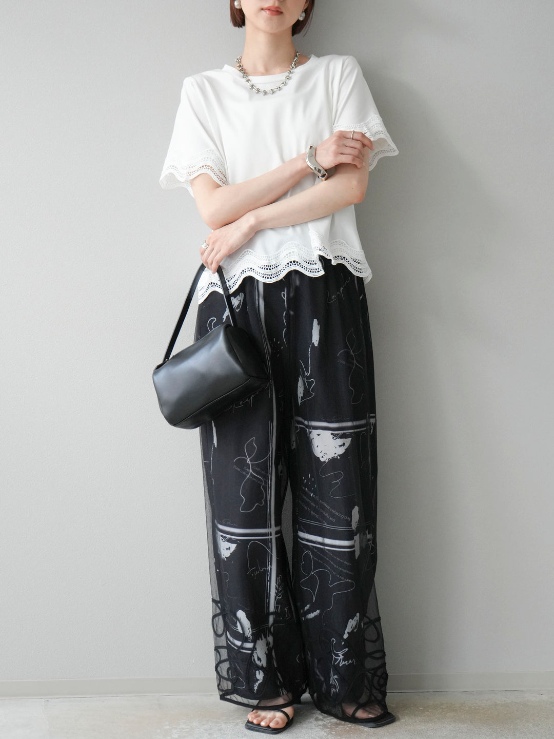 [SET]レース切替カットソー+コード刺繍チュールレイヤードパンツ(2set)