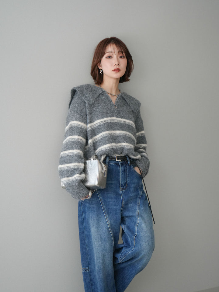 [SET]ハーフジップボーダーニットプルオーバー+裏起毛加工デニムカーブパンツ(2set)