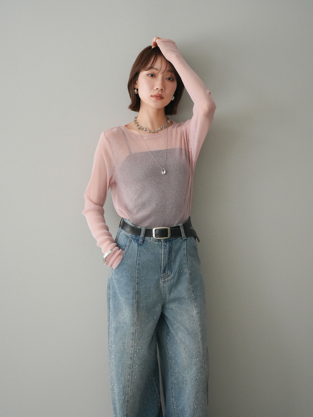 [予約]ラメシアークルーネックトップス/pink