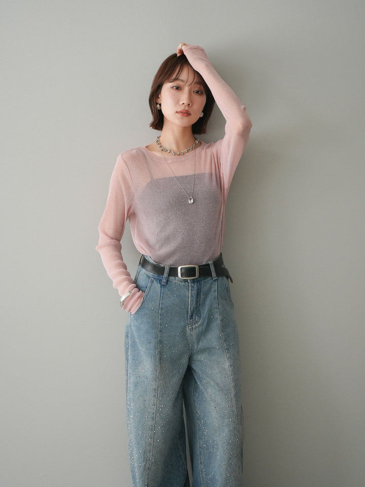 [予約]ラメシアークルーネックトップス/pink