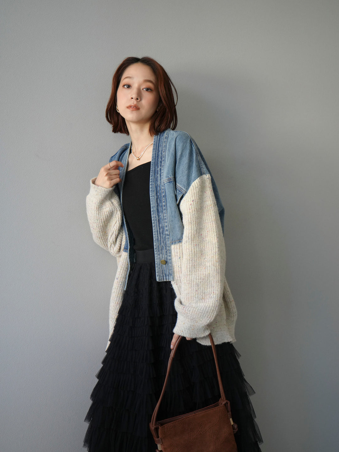 [予約]デニム切替ネップニットカーディガン/アイボリー