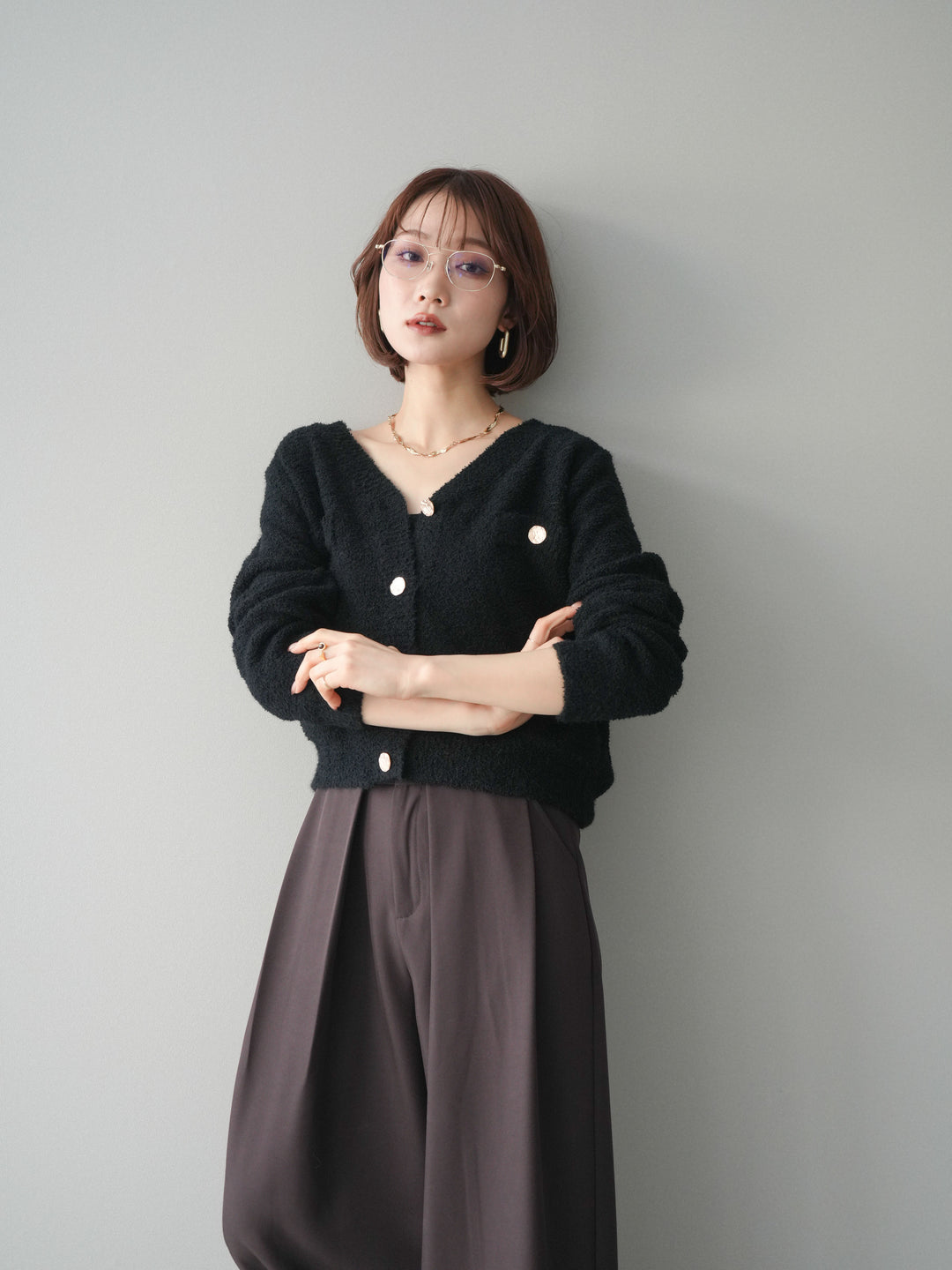 [SET]ゴールドボタンモールニットカーディガン+ベルトループデザインワイドパンツ(2set)