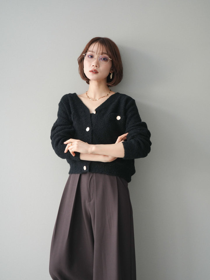 [SET]ゴールドボタンモールニットカーディガン+ベルトループデザインワイドパンツ(2set)