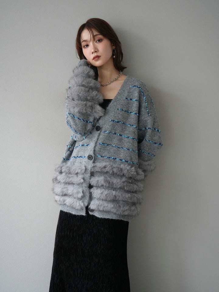 [予約]フェザーライン配色シャギーニットカーディガン/グレー