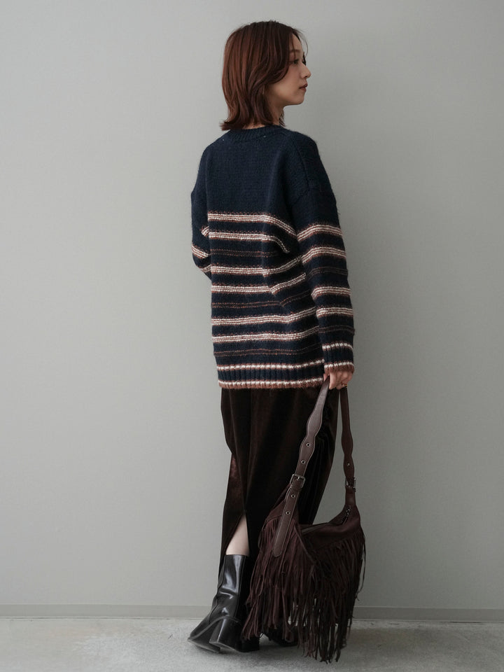 [SET]ステッチボーダーニットプルオーバー+ギャザーベロアスカート(2set)