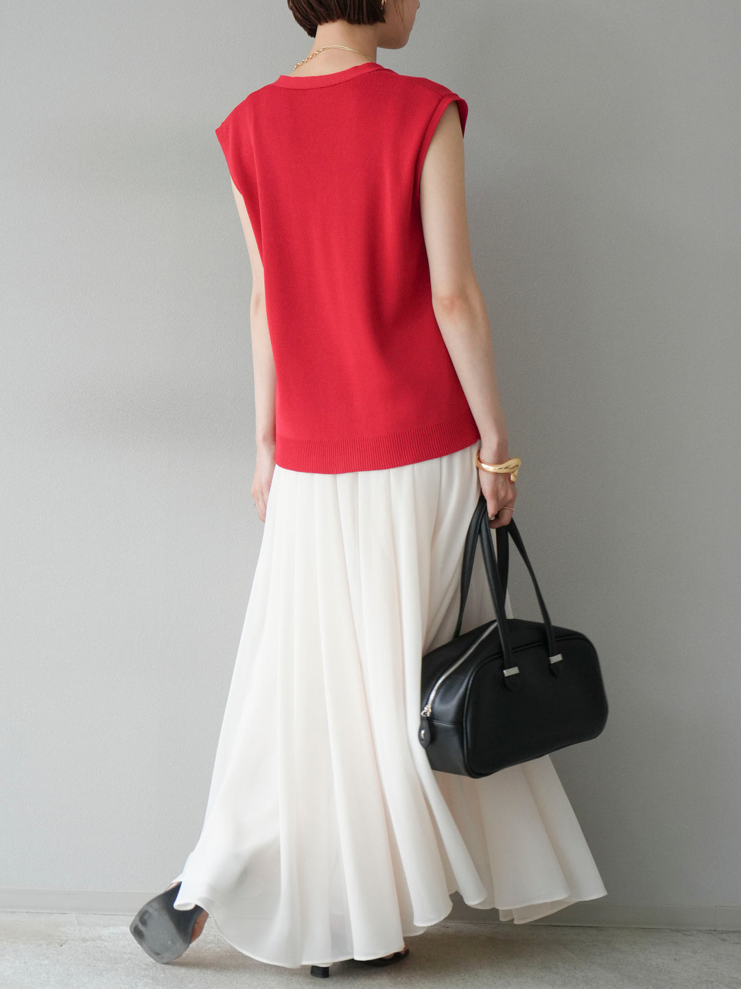 [SET] V領人造絲針織背心+雪紡喇叭裙（2件組）