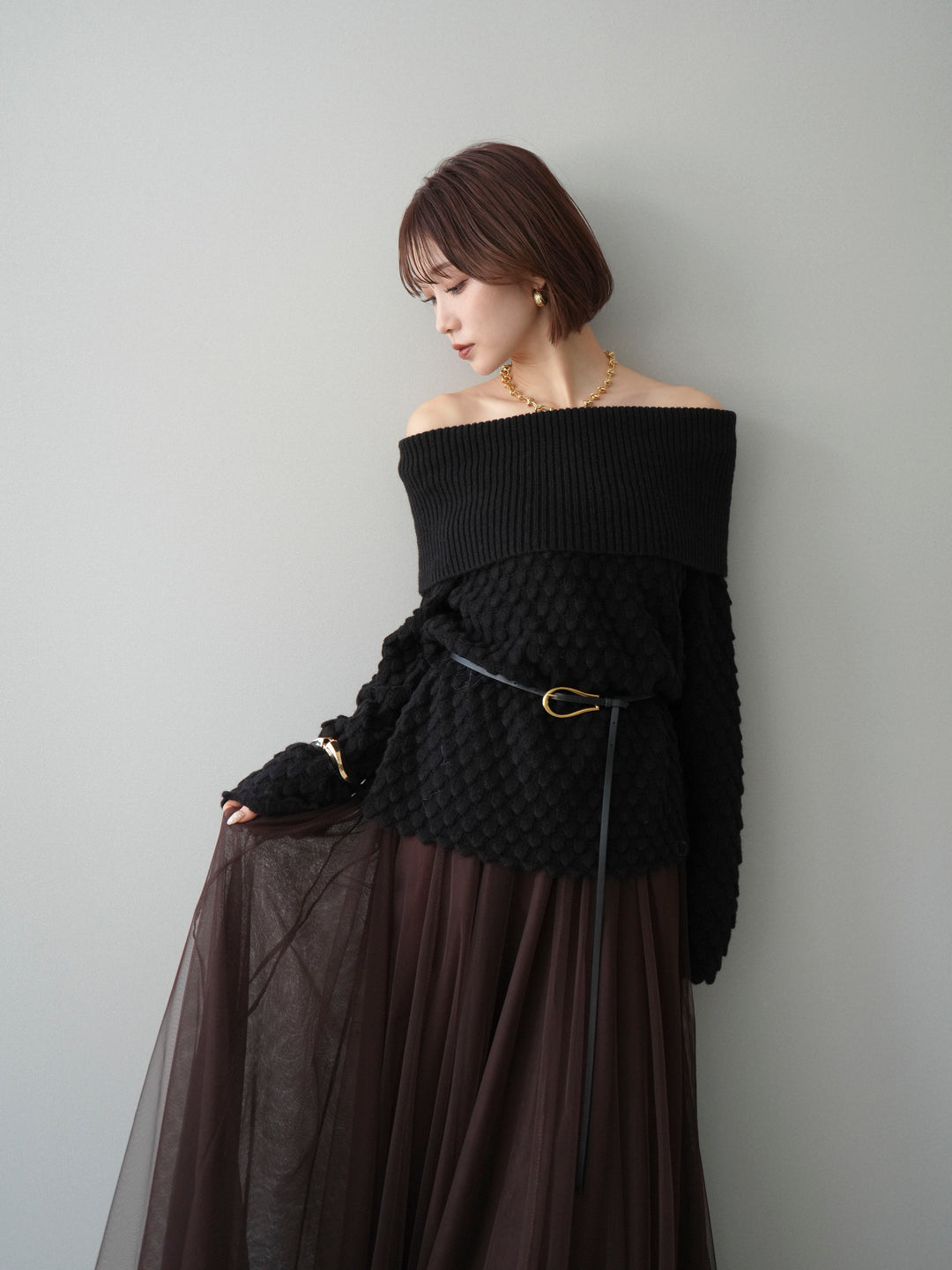 [SET]ポコポコ編みオフショルニットプルオーバー+チュールボリュームスカート(2set)