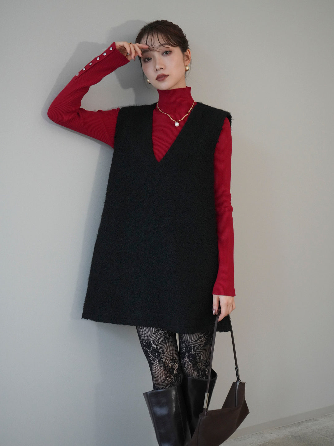 [予約]ミックスループヤーンニットミニワンピース/black