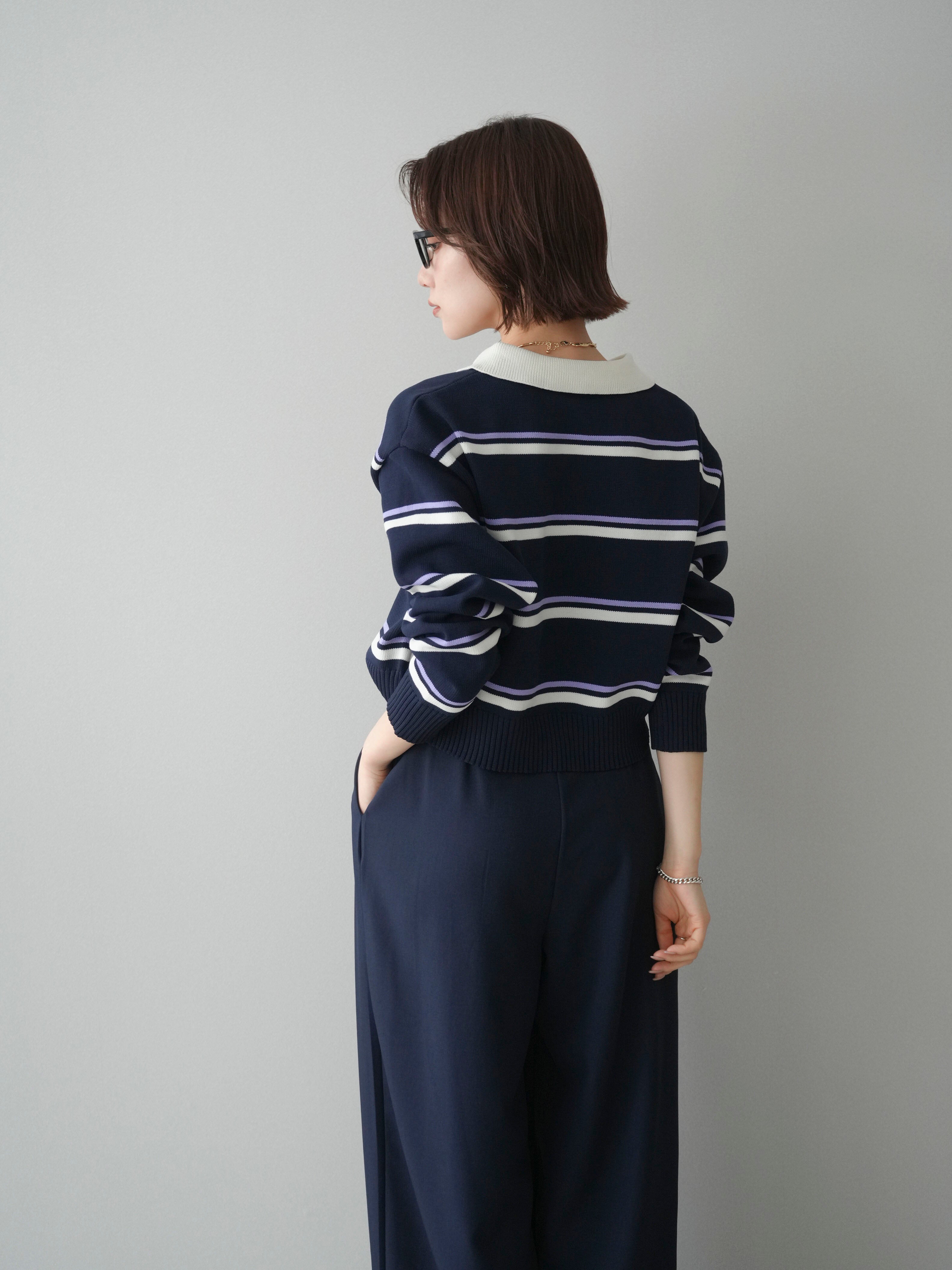 予約]マルチボーダーポロニットトップス/navy – Lumier