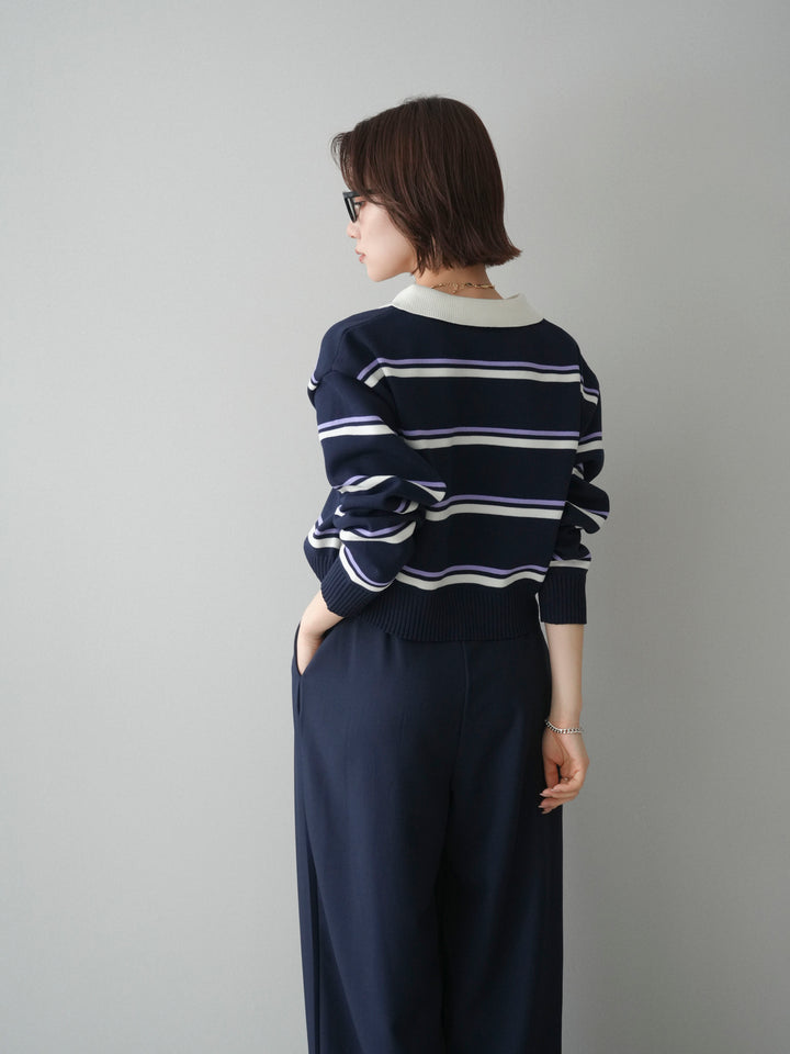 [予約]マルチボーダーポロニットトップス/navy