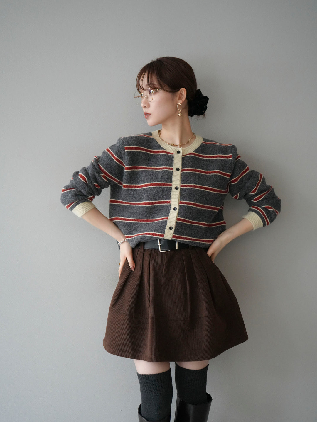 [予約]配色ボーダーニットカーディガン/gray