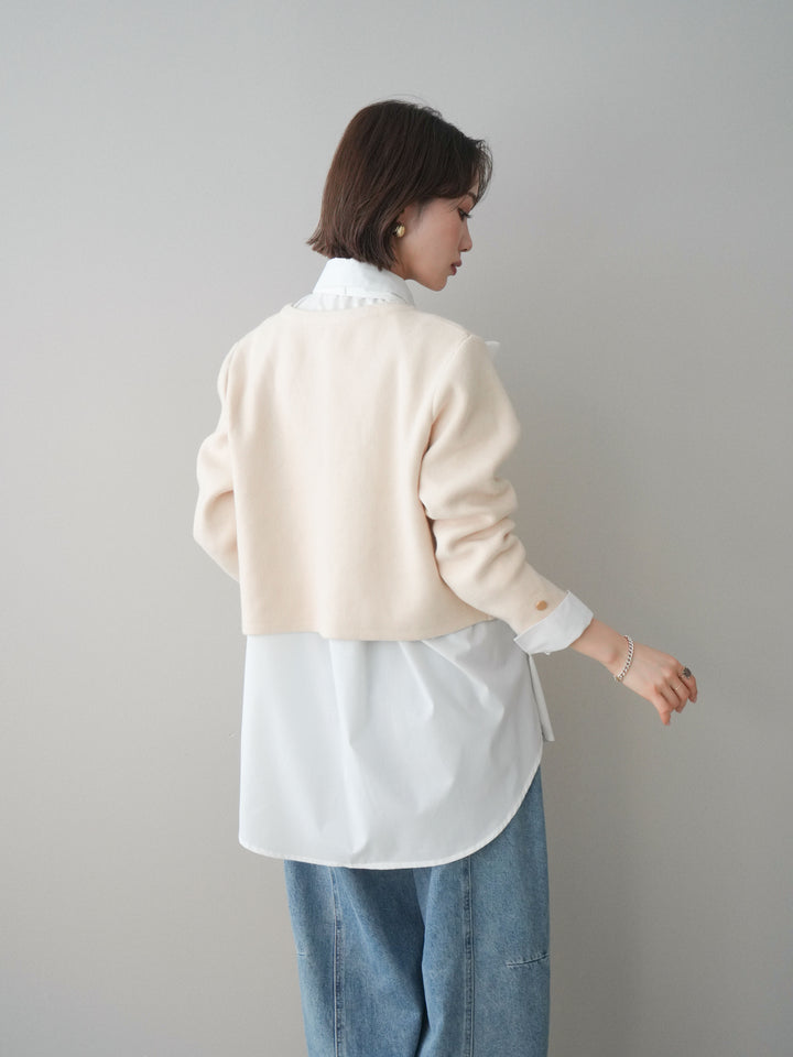 [SET]ゴールドボタンノーカラーニットジャケット+ボウタイ付オーバーシャツ(2set)