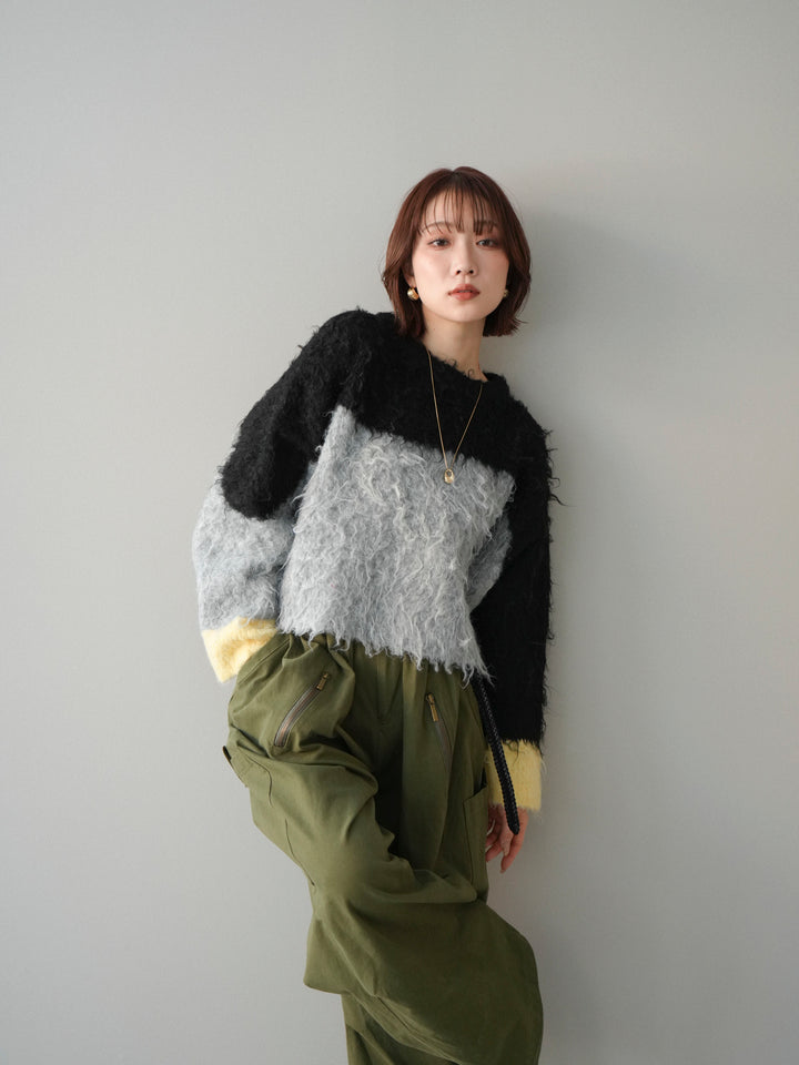 [SET]バイカラーモヘアタッチニットプルオーバー+コットンタックループパンツ(2set)