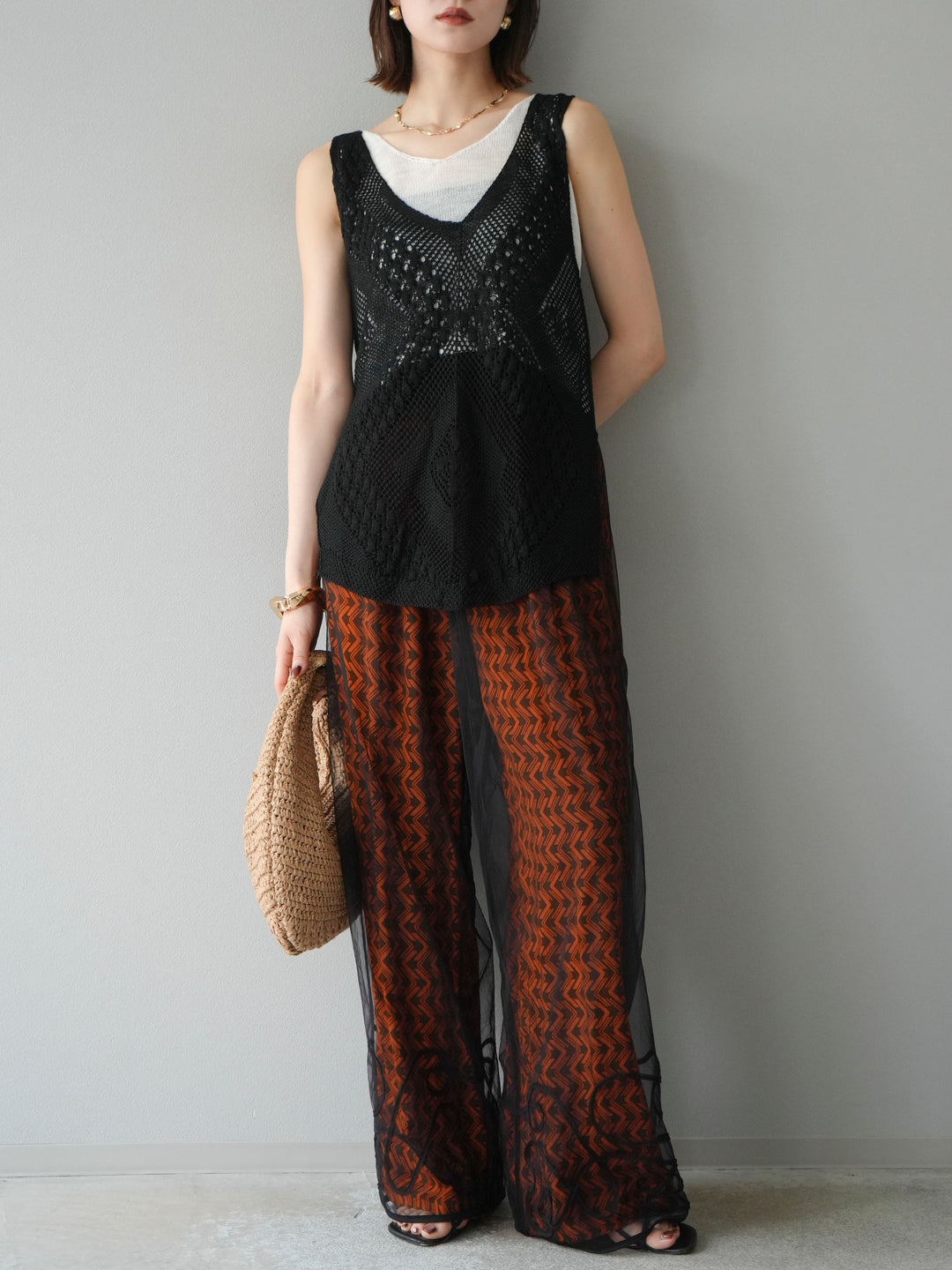 [予約]レーヨンフレックススラブウェーブ柄ストレートパンツ/オレンジ