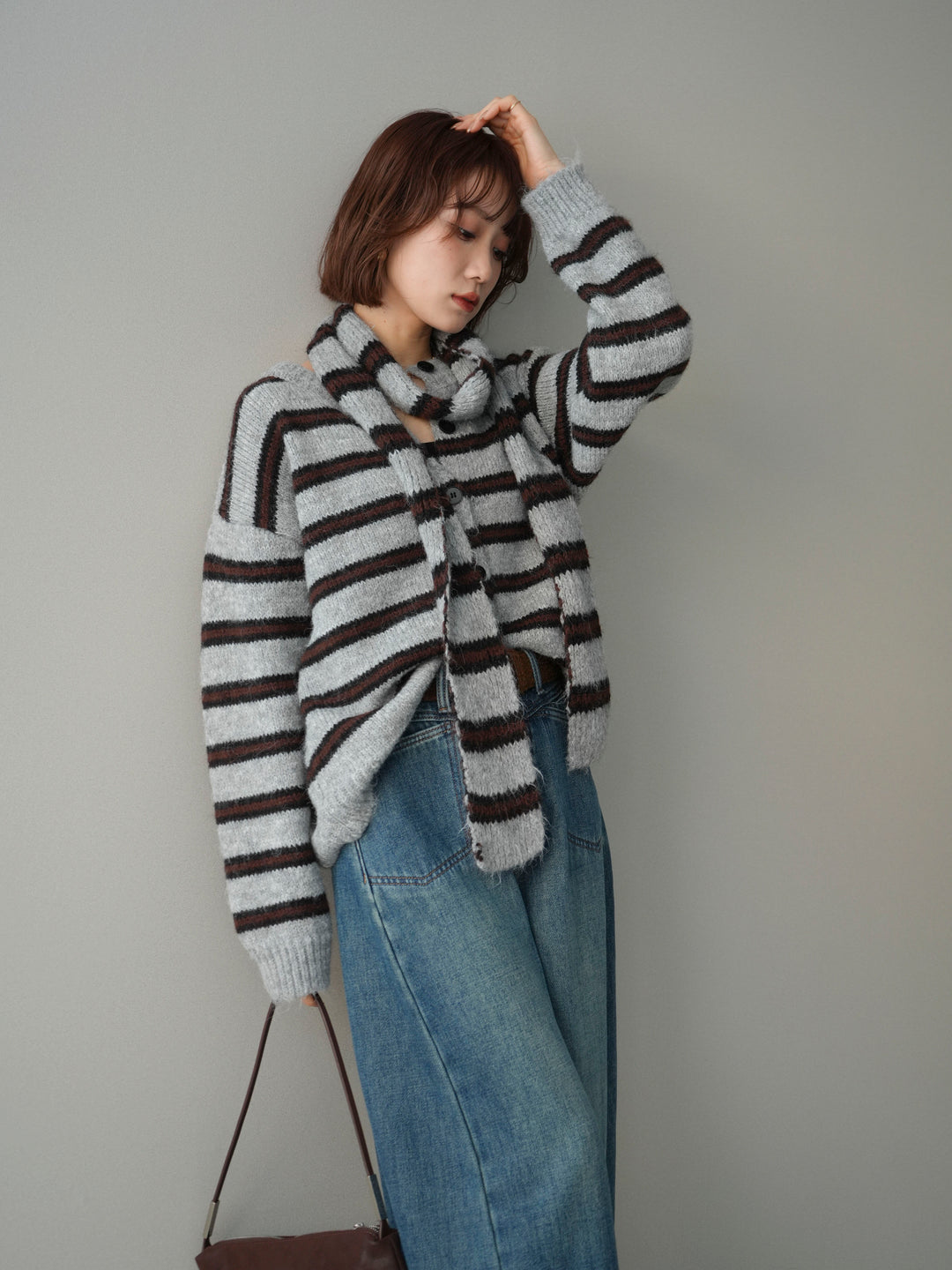 [予約]ボウタイ付きボーダーニットプルオーバー/gray