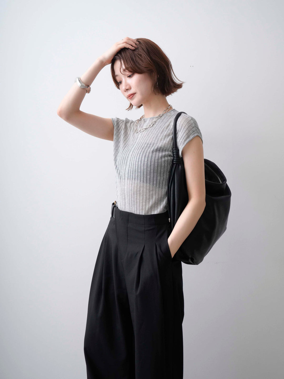 [予約]シアーリブフレンチニットトップス/grey