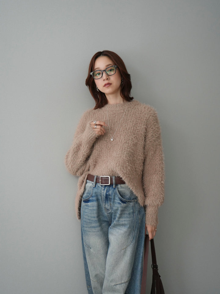 [SET]ボリュームスリーブシャギー MIXニットプルオーバー+ベルト付カーブデニムパンツ(2set)