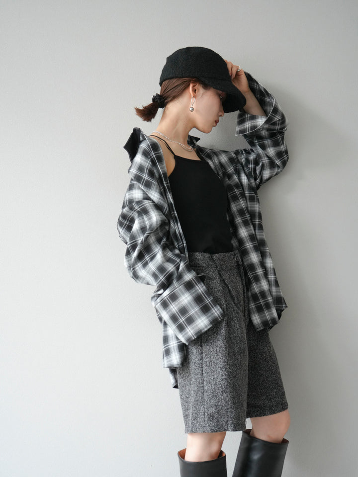 [SET]レザー襟オンブレチェックオーバーシャツ +ツイードハーフパンツ(2set)