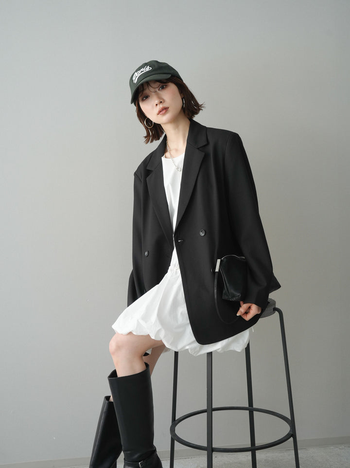 [SET]ノースリバルーンミニワンピース+ダブルブレストオーバージャケット(2set)