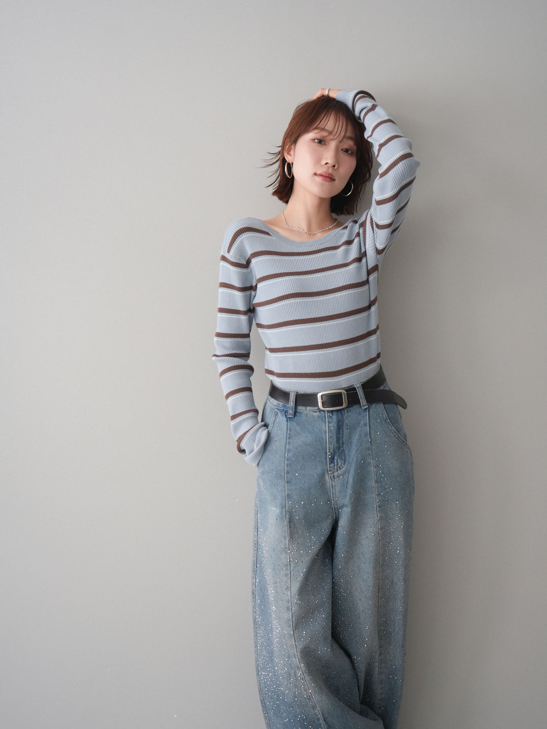 [予約]バックオープンテレコリブマルチボーダートップス/blue