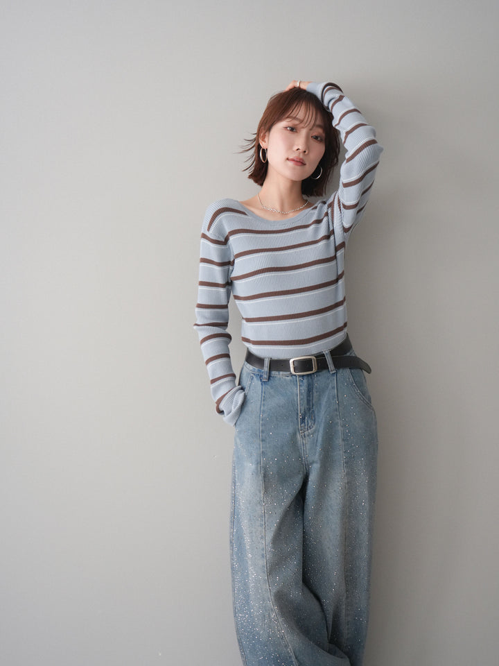 [予約]バックオープンテレコリブマルチボーダートップス/blue