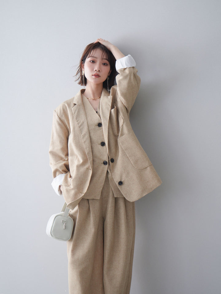 [SET]リネンライクテーラードジャケット+リネンライクバックオープンジレ+リネンライクタックワイドパンツ(3set)