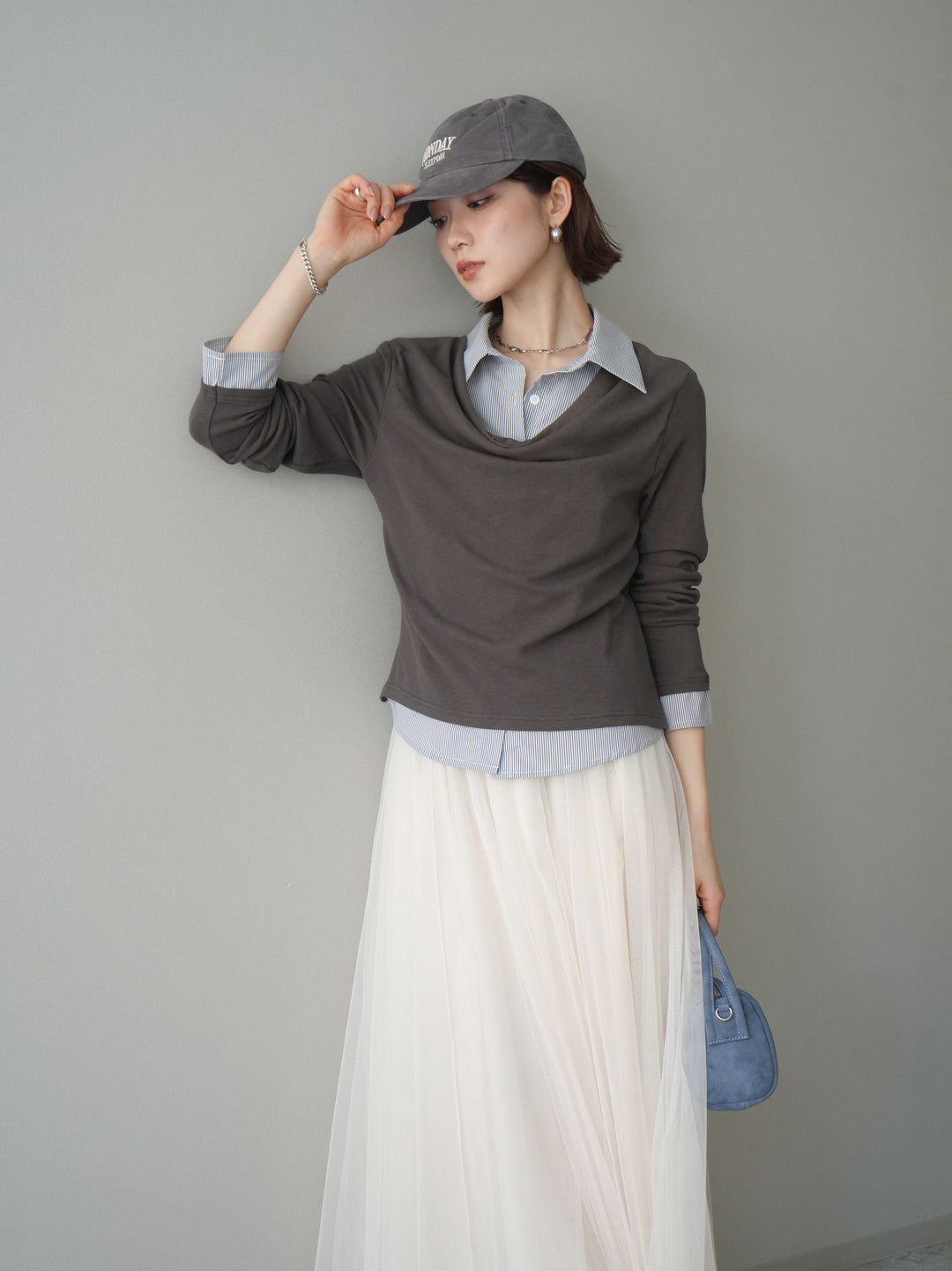 [予約]ストライプドッキングシャツドレープカットソー/charcoal