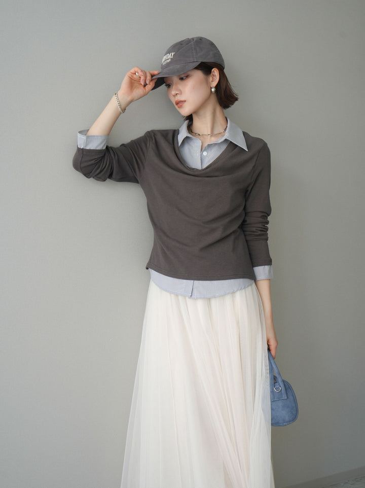 [予約]ストライプドッキングシャツドレープカットソー/charcoal