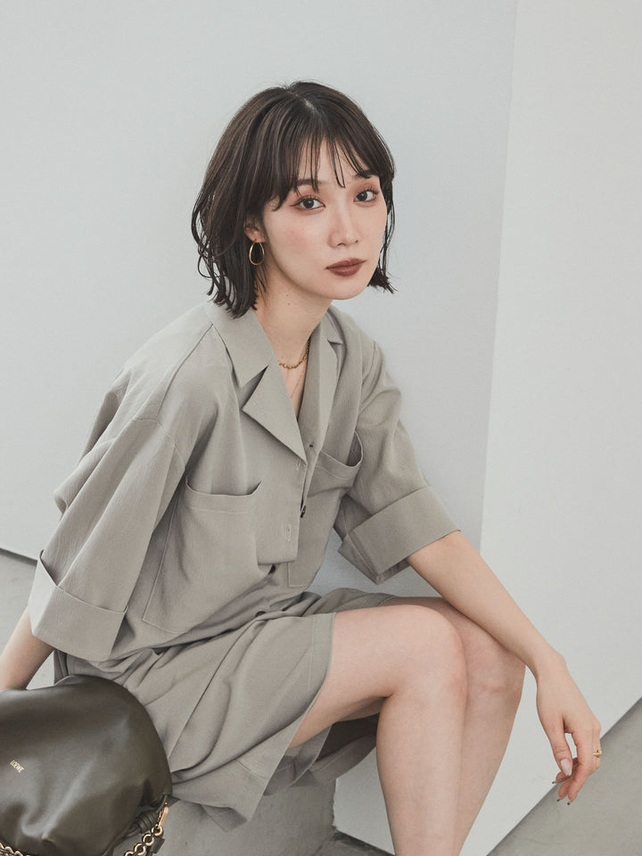 [補貨] [預訂] 縐雪紡襯衫連身衣/灰米色