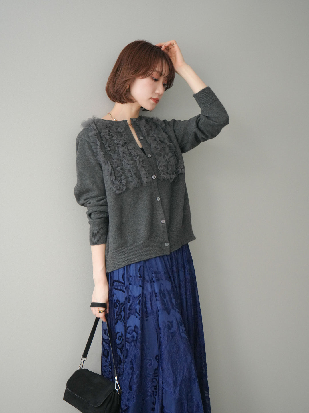 [SET]チュールフリルニットカーディガン+アンティーク柄フロッキーマキシスカート(2set)