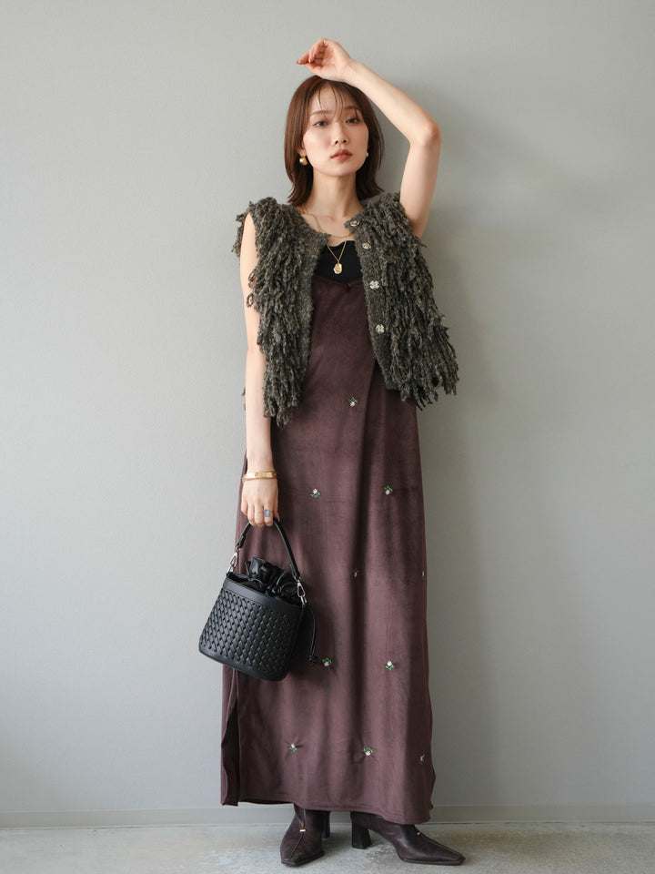 [予約]フラワー刺繍ベロアキャミワンピース/ブラウン