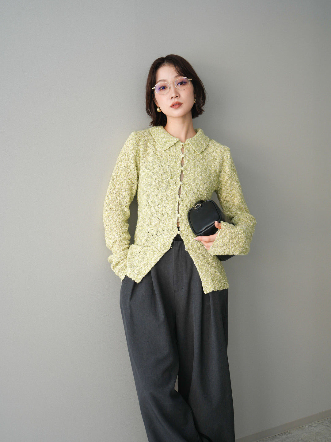 [予約]透かし編みブークレポロニットトップス/green