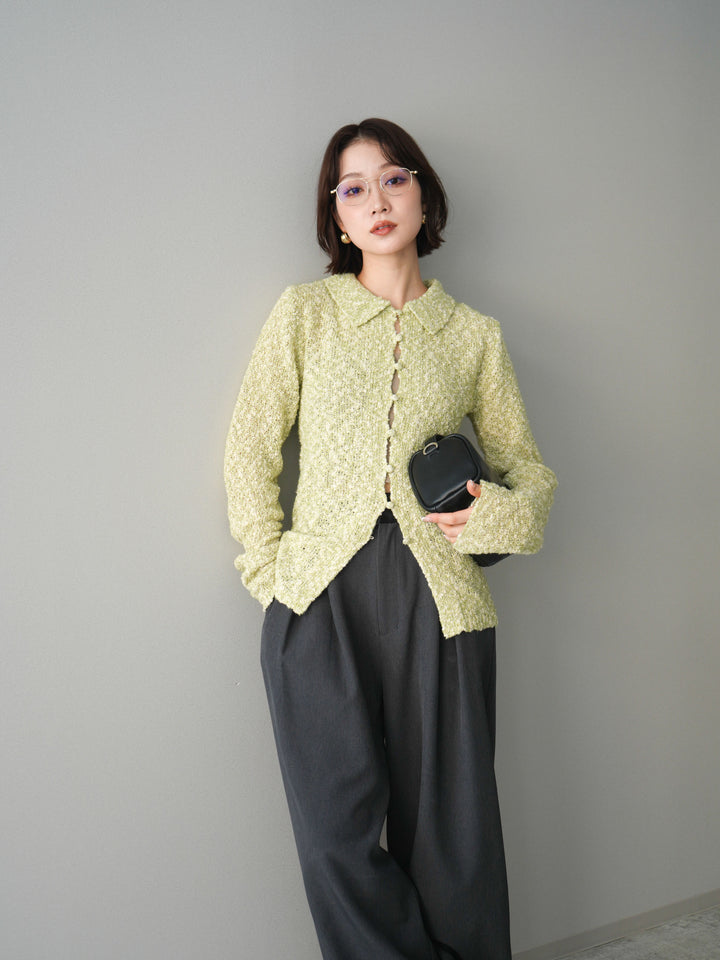 [予約]透かし編みブークレポロニットトップス/green