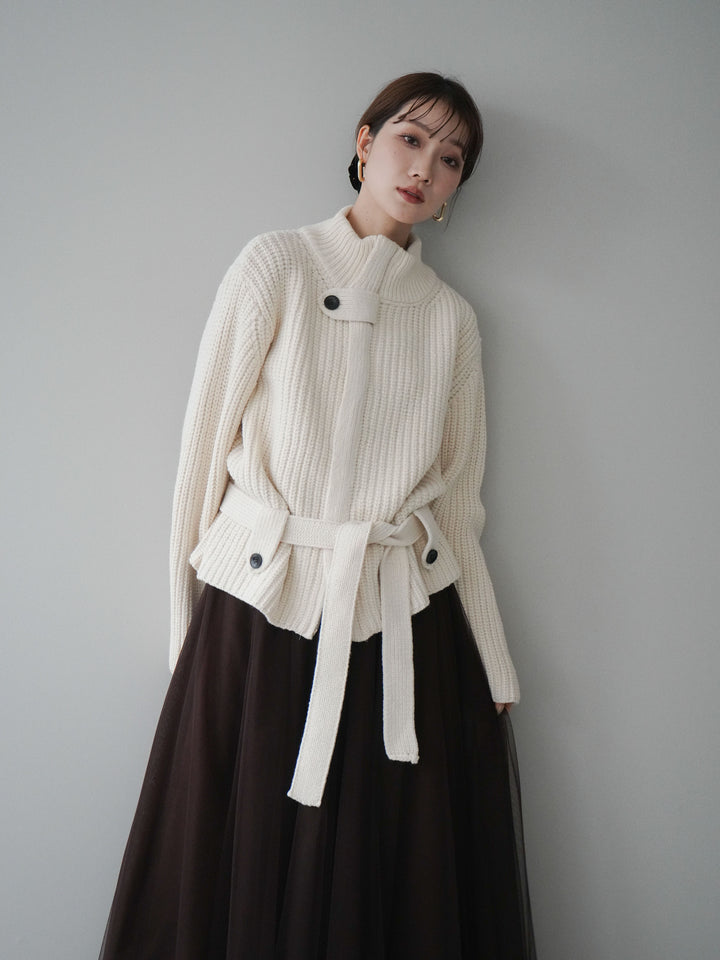 [SET]畦編みボトルネックZIPニットカーディガン+チュールボリュームスカート(2set)