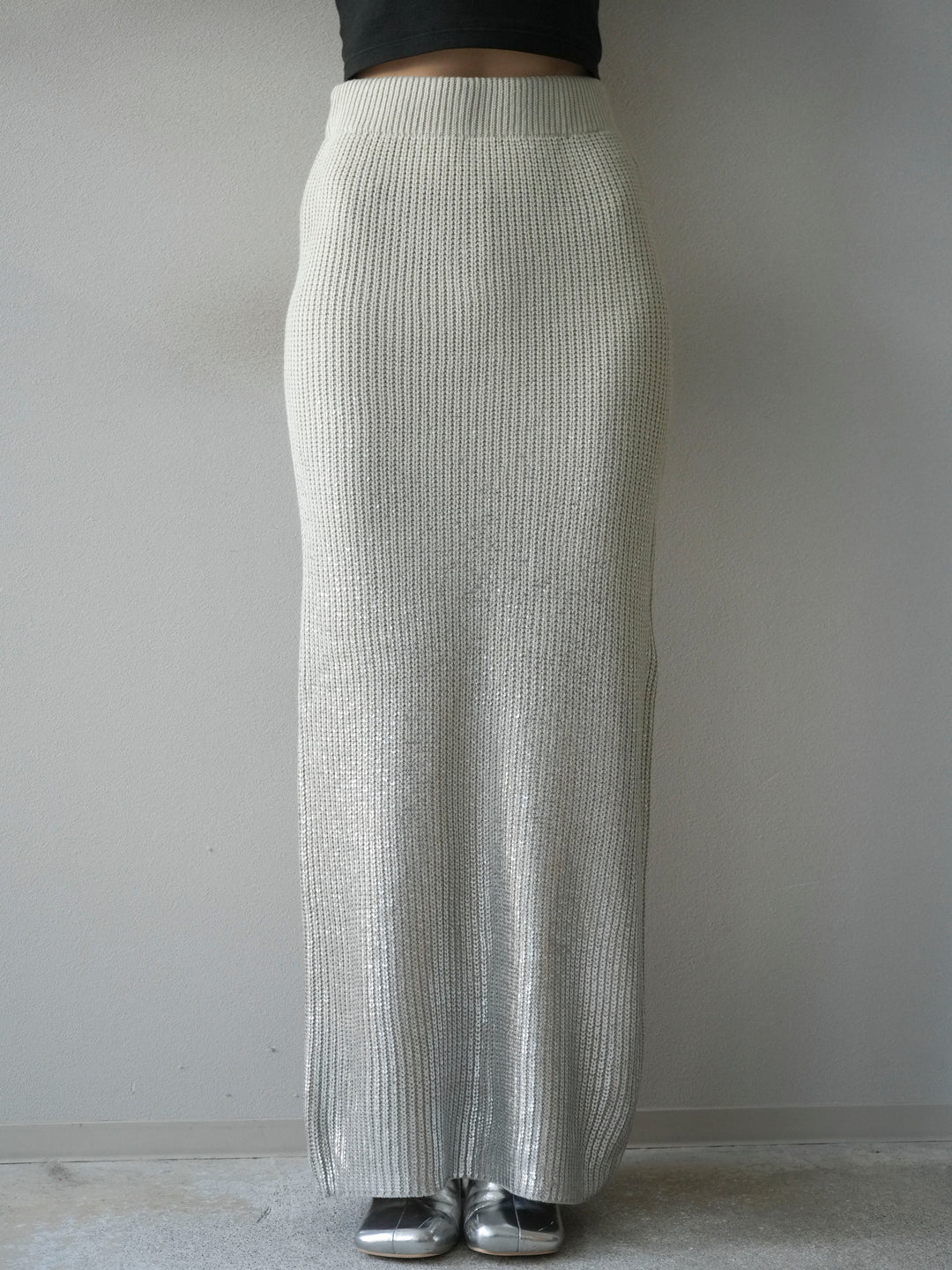 [予約]箔プリントニットタイトスカート/lightgray