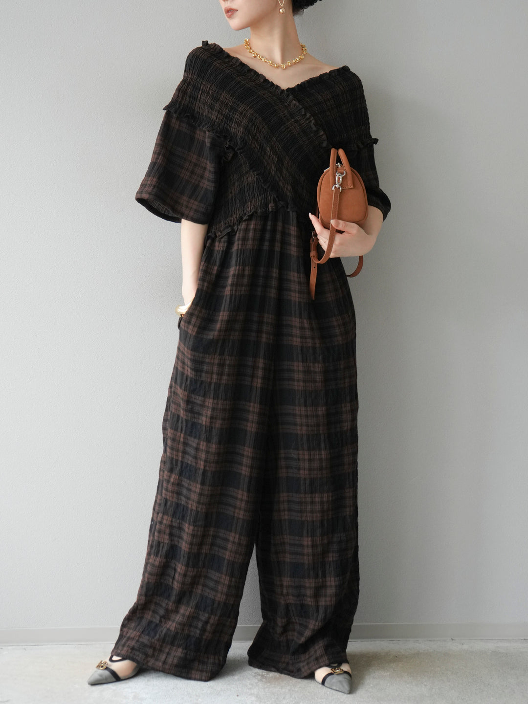 [予約]チェック柄ハーフスリーブシャーリングクロスサロペット/ブラウン